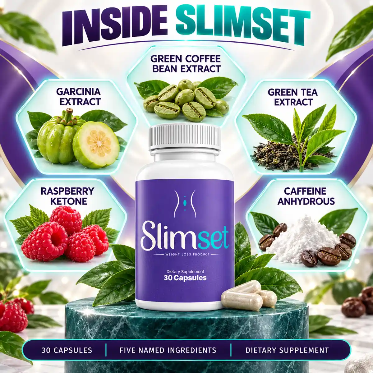 The seller's ingredients graphic for SlimSet, naming five ingredients
