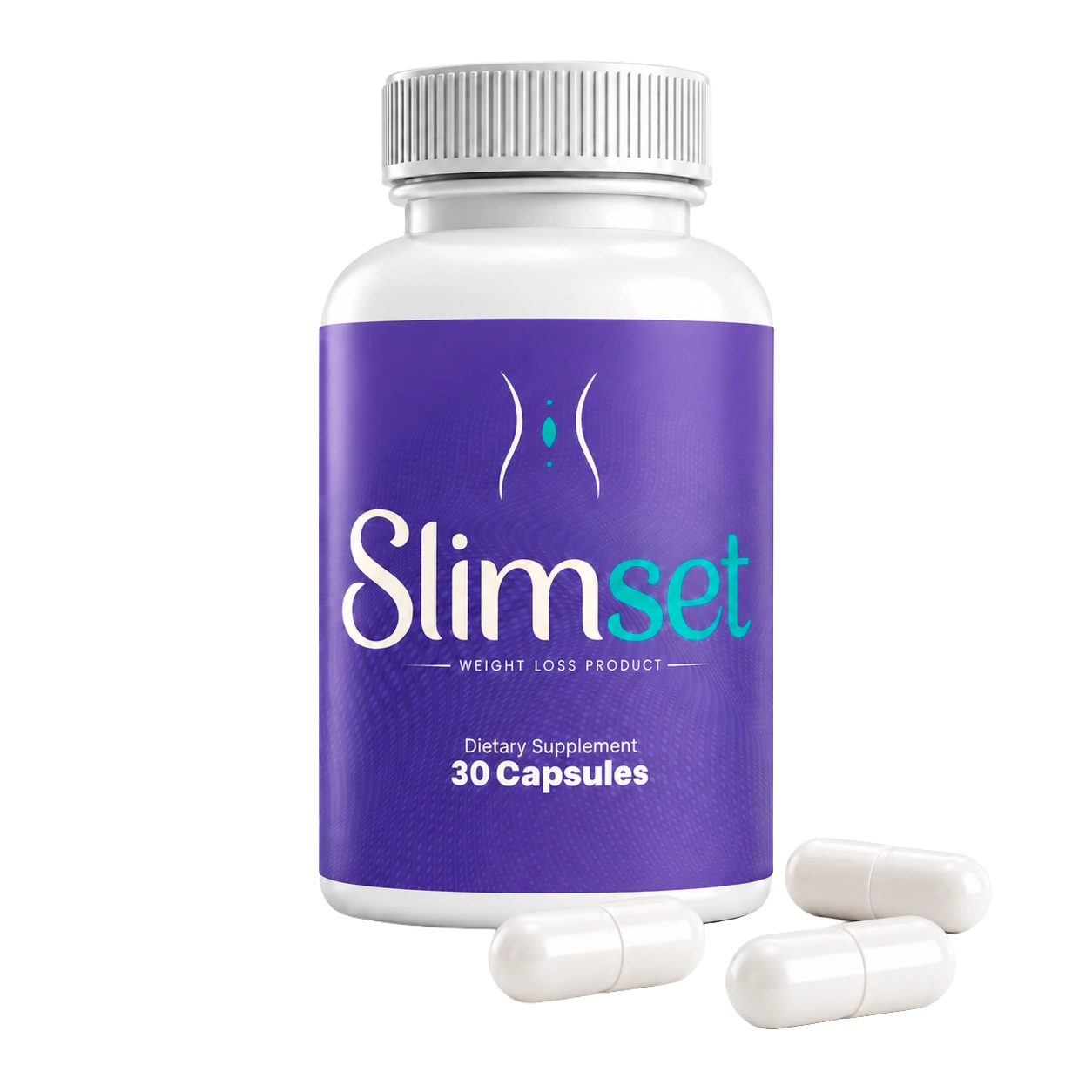 A SlimSet bottle with capsules beside it