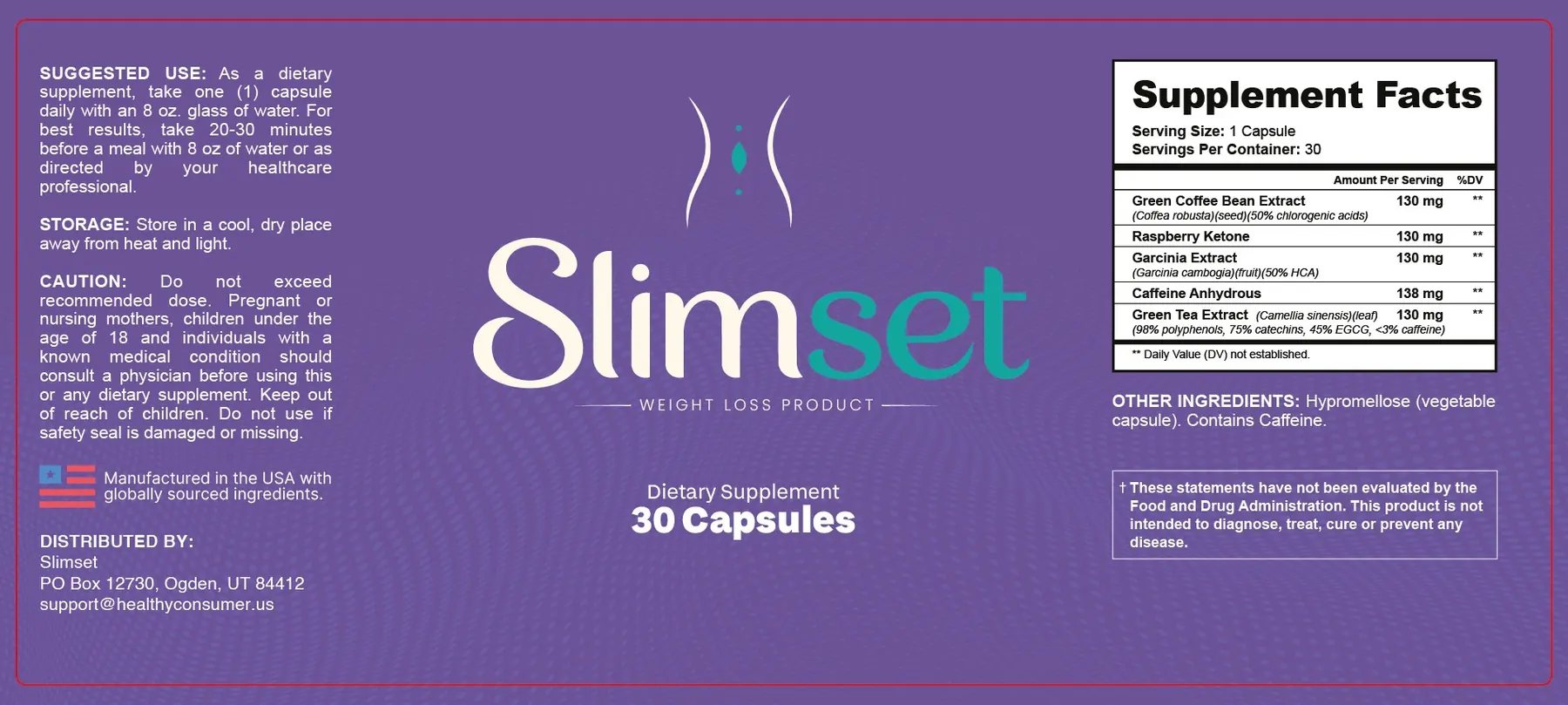 The printed SlimSet Supplement Facts panel from the label artwork
